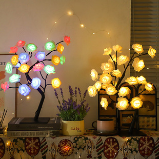 LED玫瑰花小夜灯卧室房间装 饰彩灯闪灯串灯USB氛围灯台灯樱花灯树