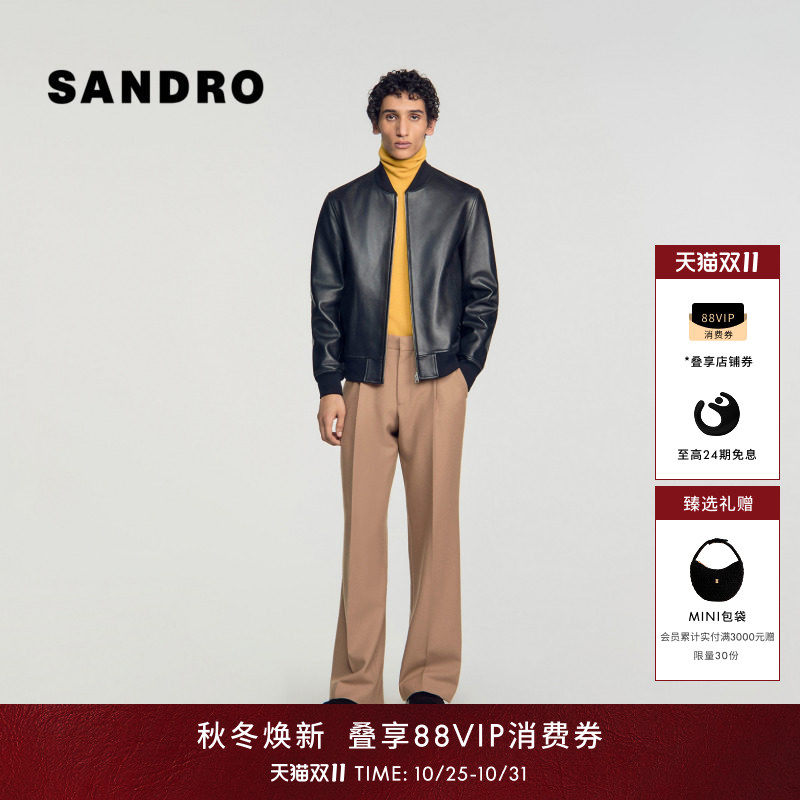 SANDRO2026秋季新款男装法式黑色棒球领金属拉链廓形皮质夹克外套