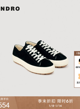 季末6折SANDRO2025秋冬新款男士时尚简约皮质黑色系带低帮休闲鞋