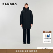 SANDRO2025秋季 简约黑色立领双口袋连帽拉链棉服外套 经典 新款 男装