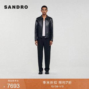 百搭羊皮革黑色质感拉链皮革外套 男装 季 末7折SANDRO2025秋冬新款