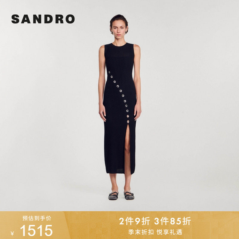 SANDRO春夏女装法式气质时尚黑色金属圆环侧开衩修身针织连衣裙