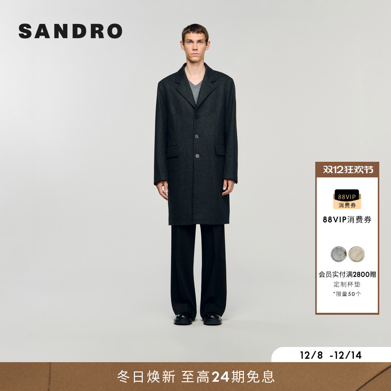 SANDRO戗驳领黑色毛呢大衣