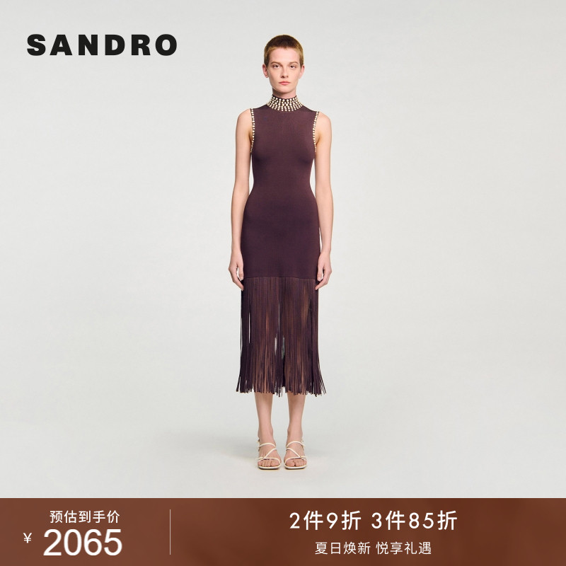 线上专享SANDRO女装法式时尚高领仿珍珠流苏收腰无袖针织连衣裙
