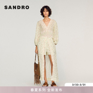 首发SANDRO2026春季 碎花图案蕾丝饰边灯笼袖 新款 法式 上衣 女装 新品