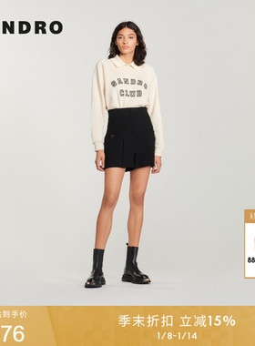 SANDRO秋冬女装法式经典款时尚宽松黑色高腰微喇斜纹粗花呢短裤