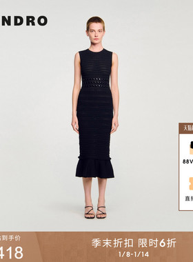 季末6折SANDRO2025秋冬新款女装法式黑色仿钻花边长款针织连衣裙
