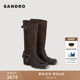 女士法式 季 末6折SANDRO2025秋冬新款 皮带金属扣粗跟牛皮革长筒靴