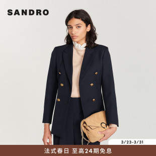 通勤深蓝色戗驳领双排扣西装 气质时尚 外套上衣 法式 SANDRO秋冬女装