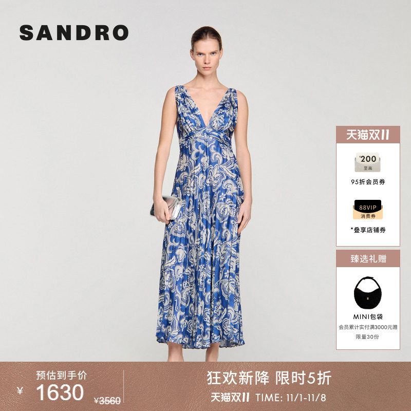 SANDRO2026夏季新款女装法式V领佩斯利印花百褶A字大摆长款连衣裙