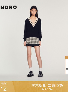 SANDRO春夏女装法式气质复古学院风黑色撞色V领短款长袖针织毛衣