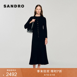 季末7折SANDRO2025秋冬新款女装迪木尔风黑色单排扣针织连衣裙