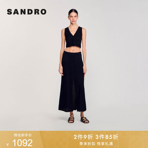 SANDRO女装法式黑色V领针织马甲