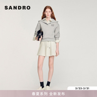 仿钻饰松紧腰浅灰细竖条纹A字百褶短裙 女装 SANDRO2026春季 新款