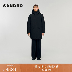 男装 新款 黑色立领双口袋连帽拉链棉服外套 末7折SANDRO2025秋季 季
