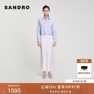 气质棉混纺仿钻弧形后摆镂空花朵条纹衬衫 SANDRO2025春夏女装 法式