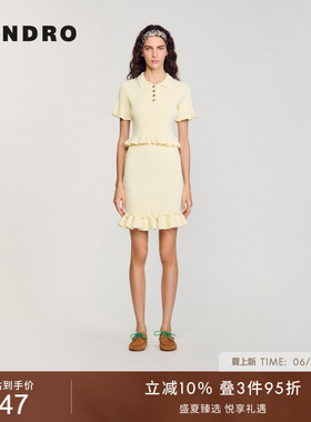 SANDRO夏季女装法式时尚波嬉风穿搭黄色木耳边短款polo领针织上衣