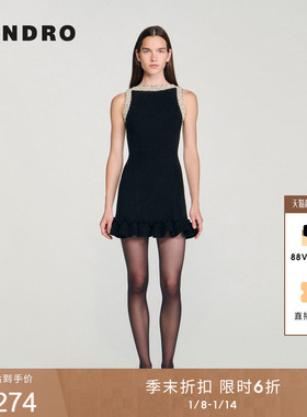 季末6折SANDRO2025秋冬新款女装黑色仿珠饰荷叶边下摆针织连衣裙