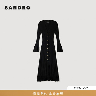 优雅黑色喇叭袖 SANDRO2026春季 法式 女装 蕾丝收边针织连衣裙 新款