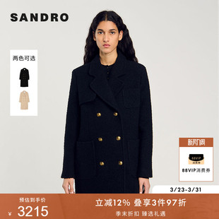 黑色双排扣平驳领直筒大衣毛呢外套 气质时尚 SANDRO秋冬女装 法式