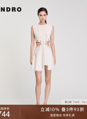 SANDRO夏季女装法式时尚白色蕾丝腰部镂空A字双重裙摆无袖连衣裙
