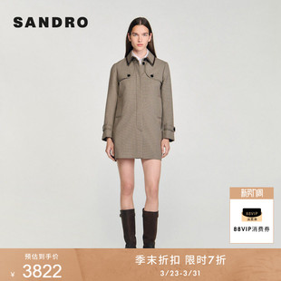 皮革撞色镶边翻领廓形风衣外套 法式 季 末7折SANDRO2025秋冬女装