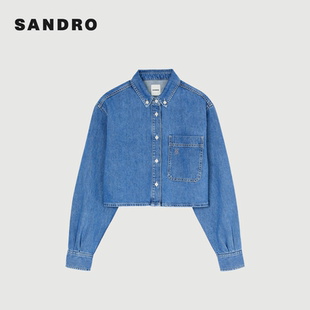 【七七酱直播间】SANDRO春秋款女装法式棉质丹宁蓝短款牛仔外套