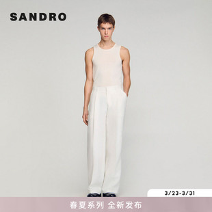 法式 男装 时尚 白色亚麻长款 SANDRO2026春季 直筒阔腿高腰西裤 新款