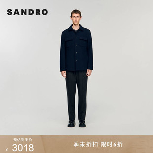 法式 休闲深蓝色绵羊毛毛呢大衣外套 末6折SANDRO2025秋冬男装 季