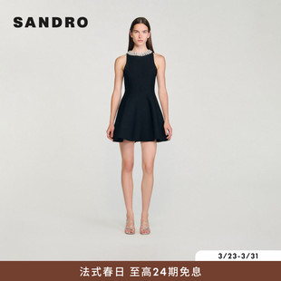 短款 SANDRO2025秋季 简约黑色仿钻无袖 法式 针织连衣裙小黑裙 女装