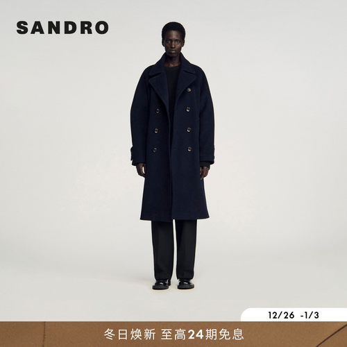 SANDRO时尚双排扣翻领毛呢大衣