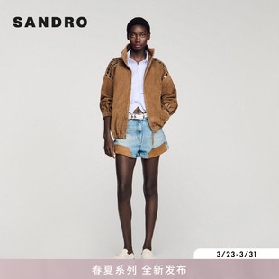 新款 SANDRO2026春季 女装 法式 立领皮夹克 羊皮革铆钉短款 米卡同款
