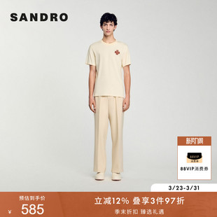 简约米白色胸口十字装 时尚 饰柔软针织T恤 法式 SANDRO2025春夏男装
