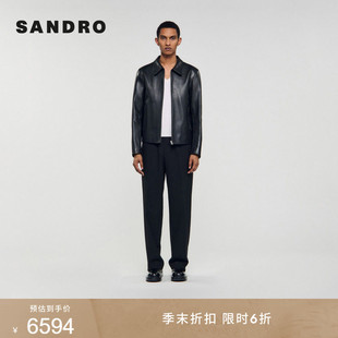 法式 百搭羊皮革黑色质感拉链皮革外套 末6折SANDRO2025秋冬男装 季