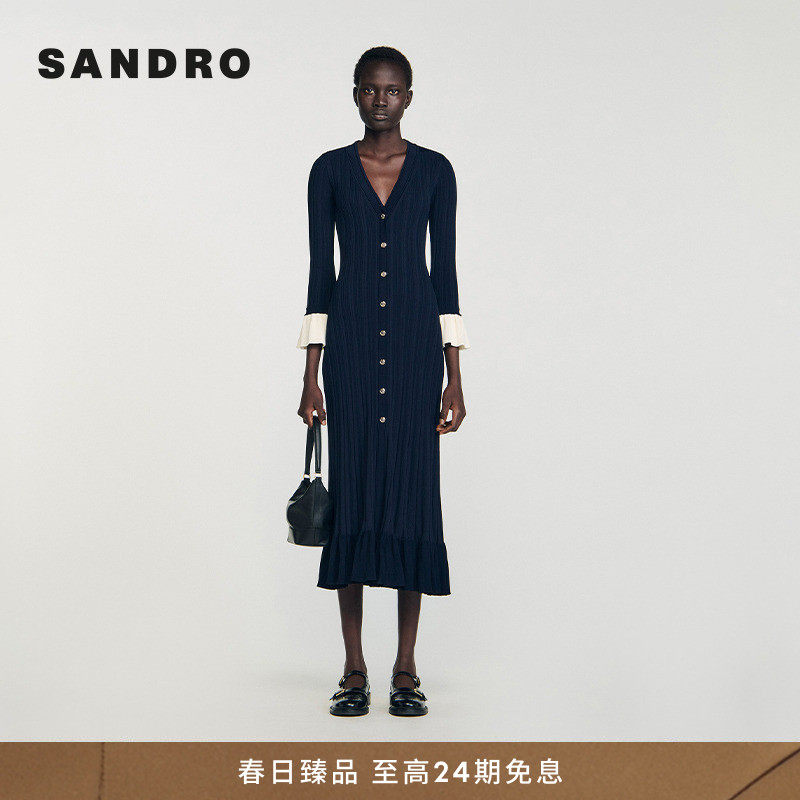 SANDRO2025秋冬女装法式时尚气质深蓝色喇叭袖V领收腰针织连衣裙