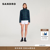 法式 SANDRO2025秋冬新款 女装 气质复古蓝绿色格纹立领上衣夹克外套