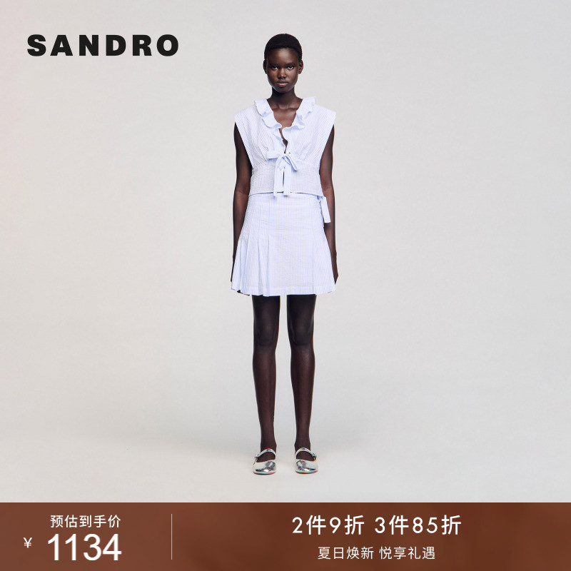 SANDRO夏季女装法式时尚气质棉质混纺简约条纹图案百褶半身裙短裙