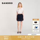 时尚 SANDRO2025春夏女装 法式 气质优雅黑色系带褶皱亚麻半身短裙