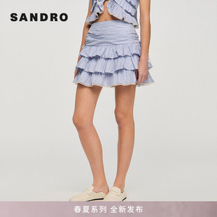 SANDRO2026春夏新款 棉质多层木耳边叠层蕾丝花边拼接半身裙 女装