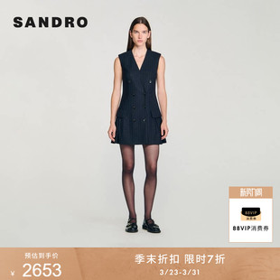 深蓝色条纹亮片仿钻无袖 法式 连衣裙 末7折SANDRO2025秋冬女装 季