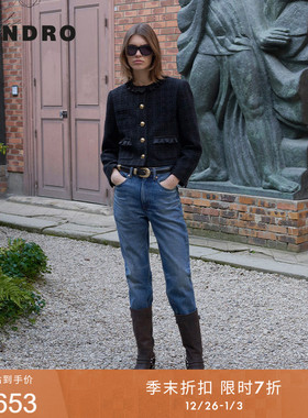 季末7折SANDRO2025秋冬新款女装黑色木耳花边领圆领短款花呢外套