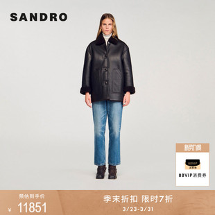 都市游牧复古羊皮革黑色毛领皮衣 法式 季 末7折SANDRO2025秋冬女装