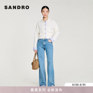 新款 口正面翻盖口袋针织开衫 女装 拼接撞色袖 法式 SANDRO2026春季