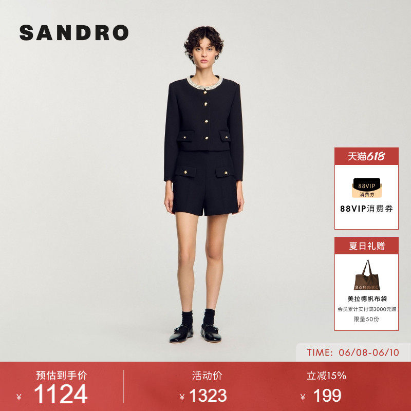 SANDRO夏季女装法式时尚气质优雅黑色金色纽扣高腰显瘦直筒短裤