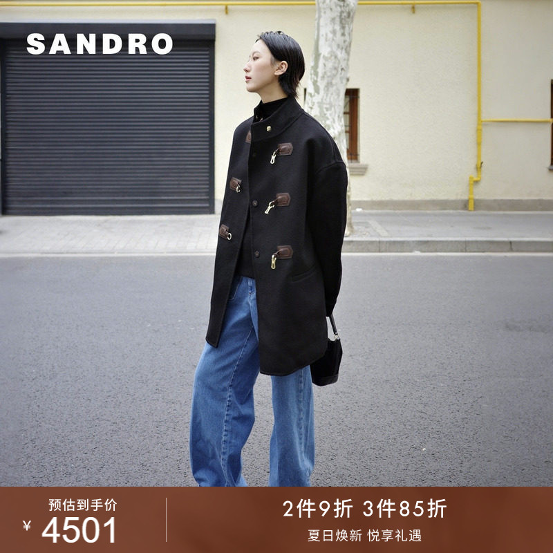 SANDRO女装法式时尚简约复古绵羊毛立领皮革金属搭扣毛呢大衣外套