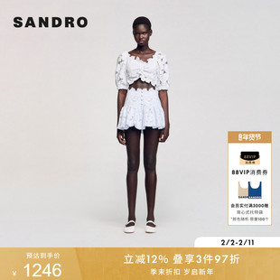 SANDRO博主同款2025春夏女装法式时尚优雅天蓝色花朵镂空纽结上衣