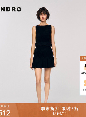 季末7折SANDRO2025秋冬新款女装黑色褶皱花边裙摆针织短款半身裙