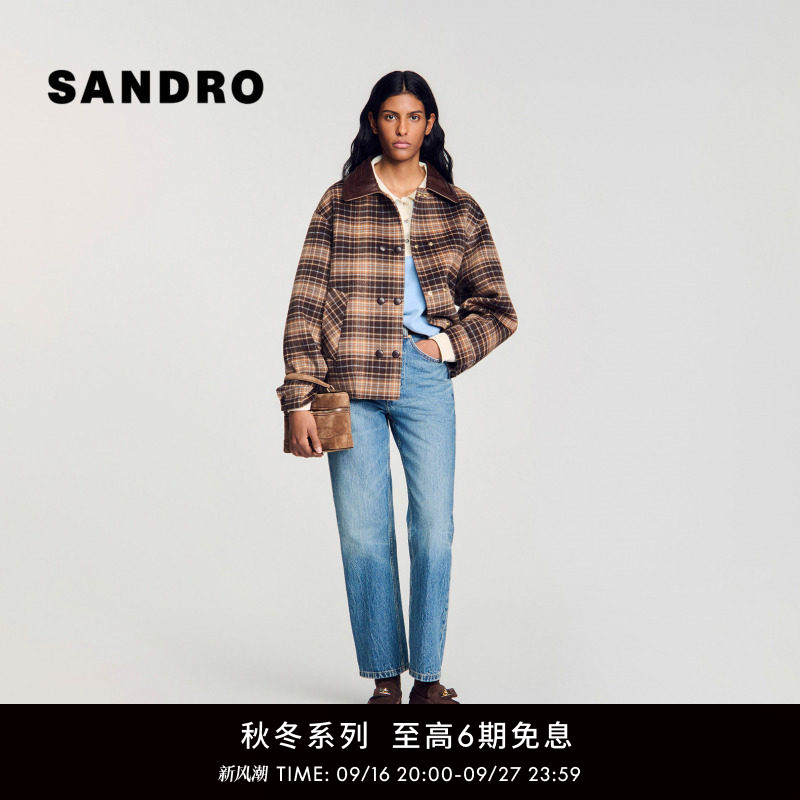 SANDRO绵羊毛格纹双排扣短款外套图片