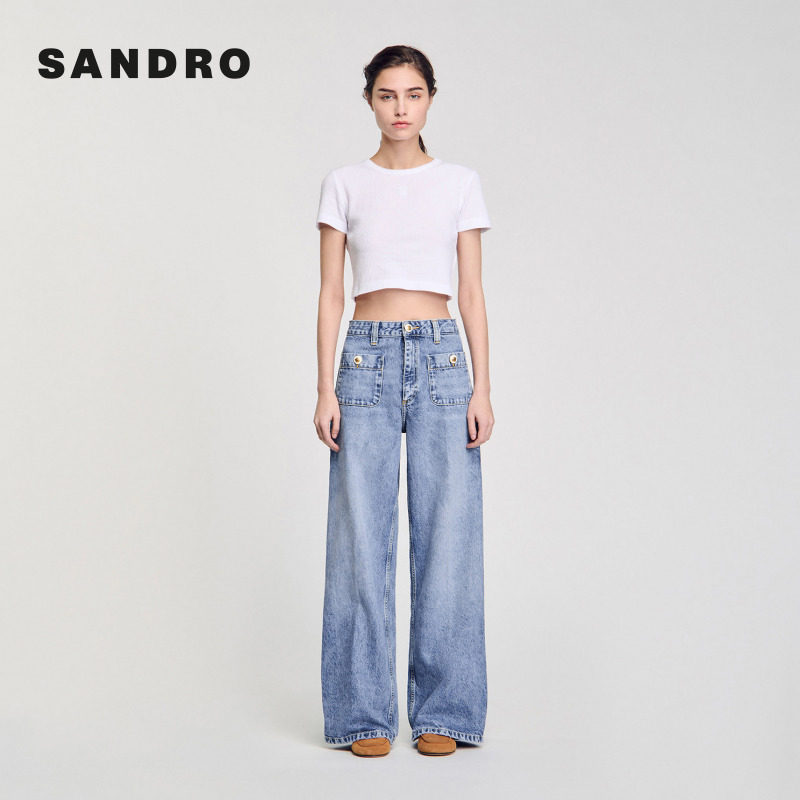 SANDRO博主同款2025秋冬经典款女装棉质扣饰前贴袋阔腿长裤牛仔裤,女装/女士精品,牛仔裤,淘宝优惠券,粉丝福利购,淘宝优惠卷