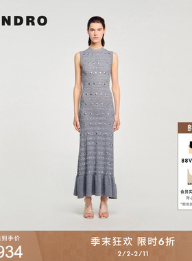 季末6折SANDRO2025秋冬新款女装法式灰色钉珠装饰无袖针织连衣裙